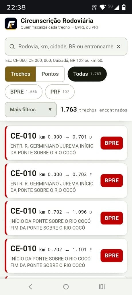 Tela de Circunscrição Rodoviária do aplicativo Fiscaliza: pesquisa por rodovia, trecho ou ponto com filtros de competência BPRE (1.656 trechos) e PRF (107 trechos).