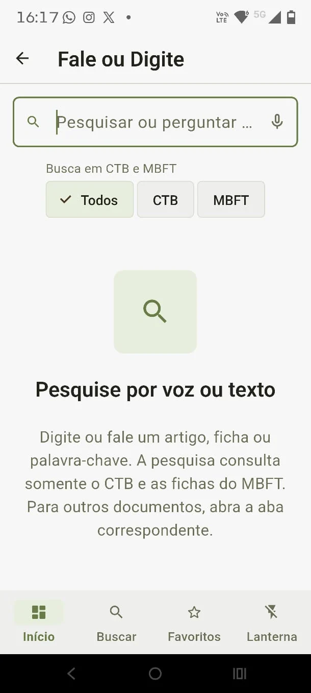 Tela Fale ou Digite do Fiscaliza: busca inteligente por comando de voz ou texto com filtros para CTB e MBFT.